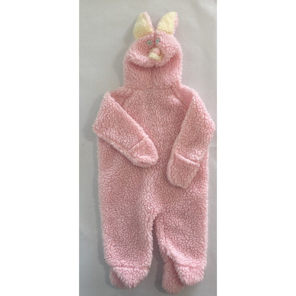 Vintage 1980s Pink Sherpa Bunny Snowsuit Teddy Bears USA Hooded Baby 6-12 Easter
